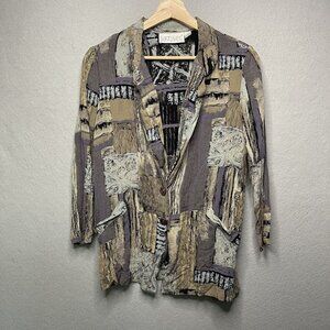 Vtg Karen Kane Petite Light Weight Blazer Jacket Geometric Pattern Multicolor